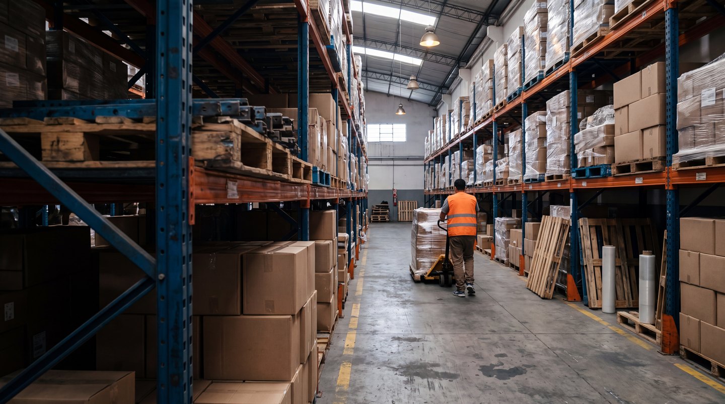 Pasillo de un depósito con estanterías metálicas cargadas de pallets y cajas, y un operario con chaleco reflectivo moviendo una zorra hidráulica
