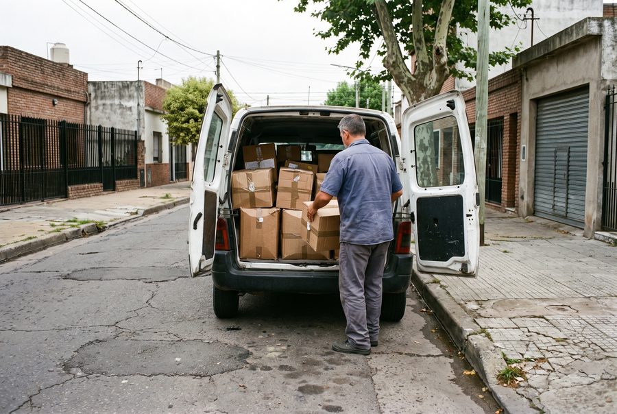Utilitario de reparto con las puertas traseras abiertas y cajas en su interior