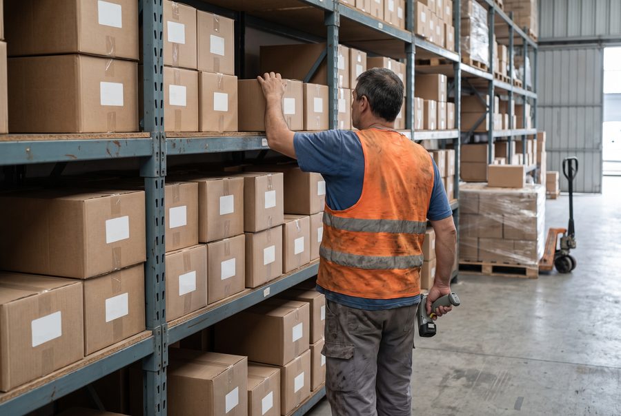 Operario ubicando una caja en una estantería de picking
