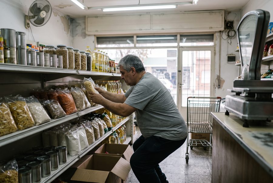 Comerciante revisando mercadería en las estanterías de su local