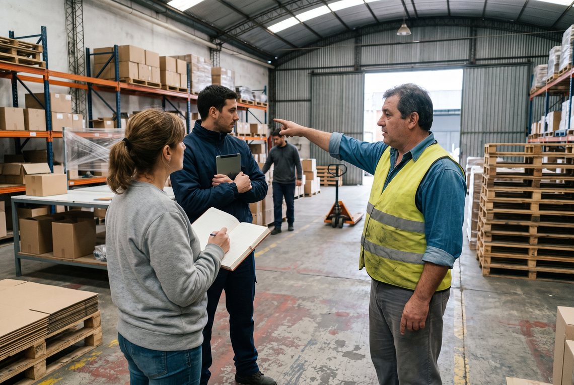 Dos personas conversando dentro de un depósito mientras señalan una estantería