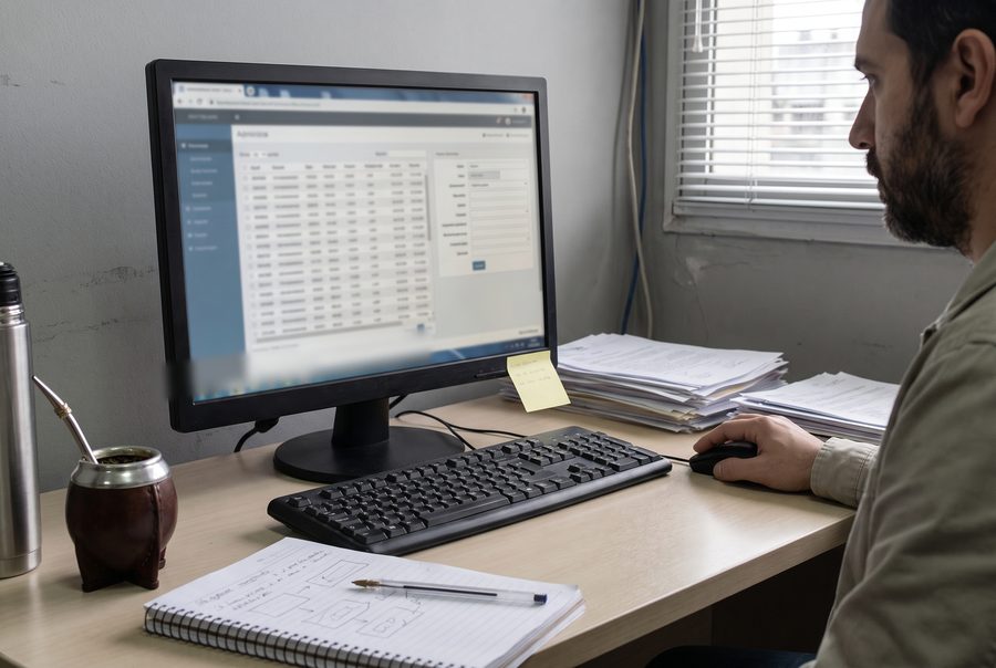 Escritorio de trabajo con un monitor mostrando una interfaz de gestión, anotaciones en papel y un mate
